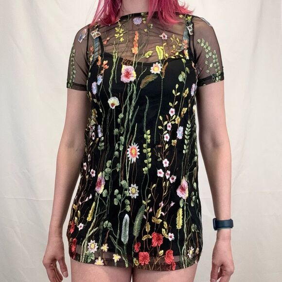 The Vintage Shop Women's Short Lace Overlay Mini Dress S SM Small Black Floral - Picture 1 of 14